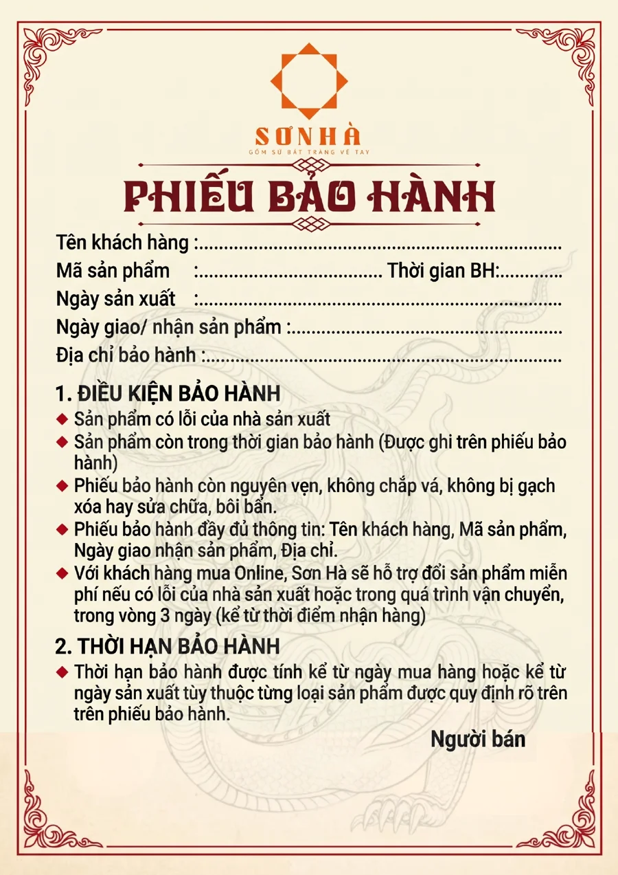 Mẫu phiếu bảo hành Gốm Sơn Hà